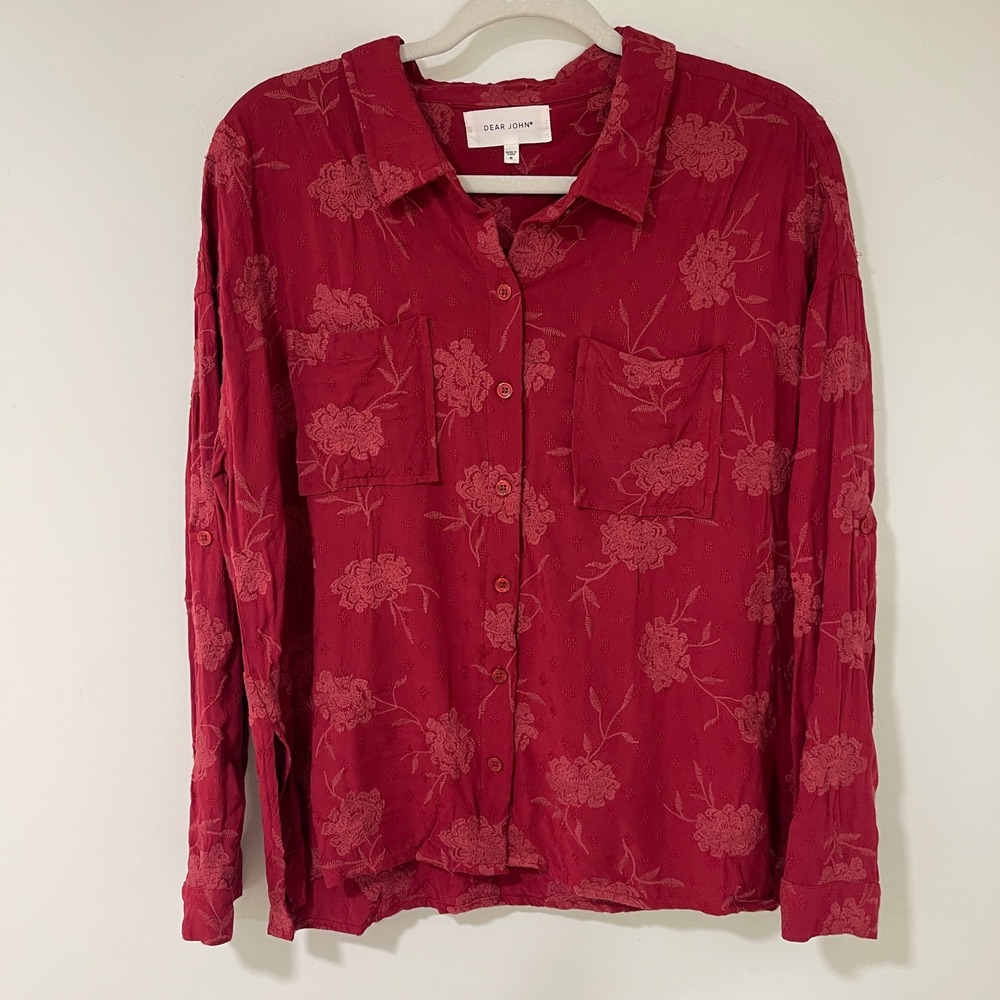 Dear John Women S Red Floral Embroidered Button Down Shirt Dobby Rayon Oversized